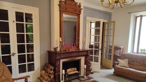 A room with a fireplace, a large mirror, a leather sofa, and a patterned rug. - La Scierie  (Quillan)