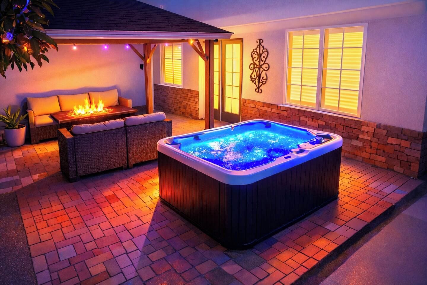 A hot tub with a wooden exterior and a blue interior, surrounded by a brick patio and a covered seating area with cushions.