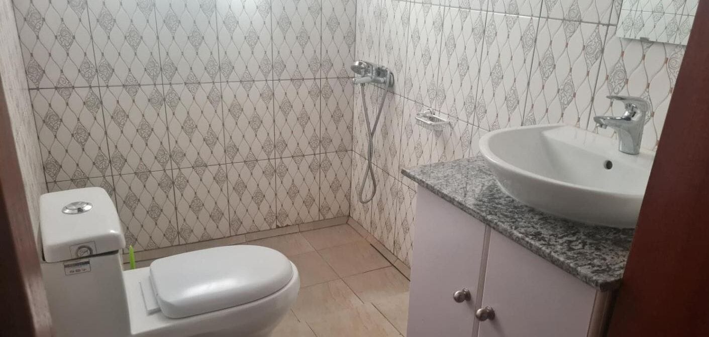 Une salle de bain avec des toilettes, un lavabo et une douche.