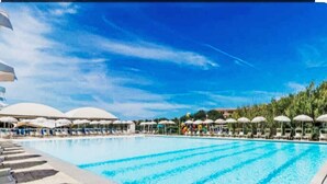 Une piscine entourée de verdure, avec des chaises longues et des parasols.