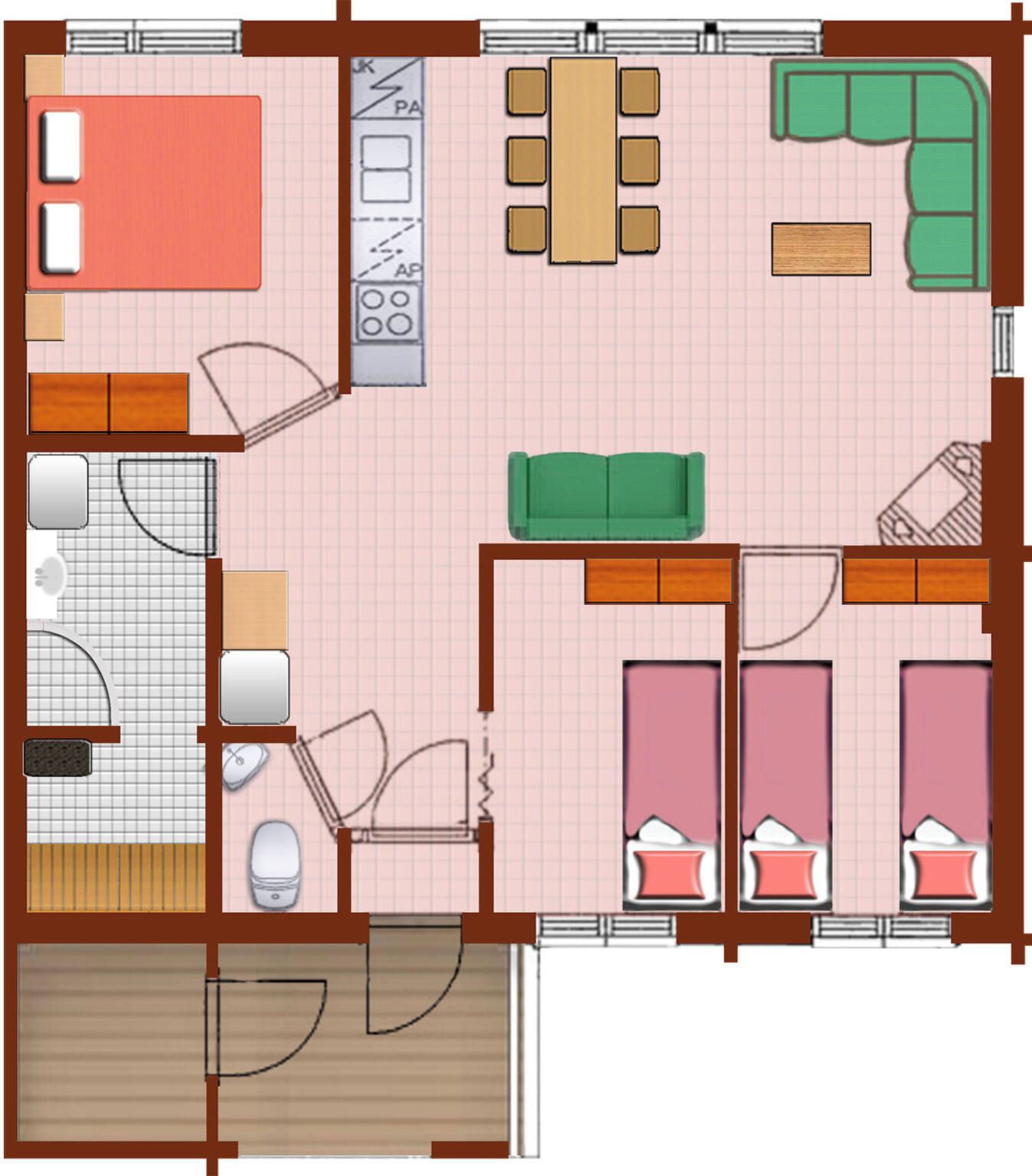 A floor plan with a kitchen, dining area, two bedrooms, a bathroom, and a living room.