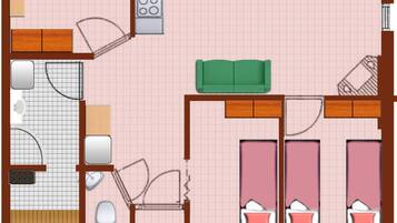 A floor plan with a kitchen, dining area, two bedrooms, a bathroom, and a living room.