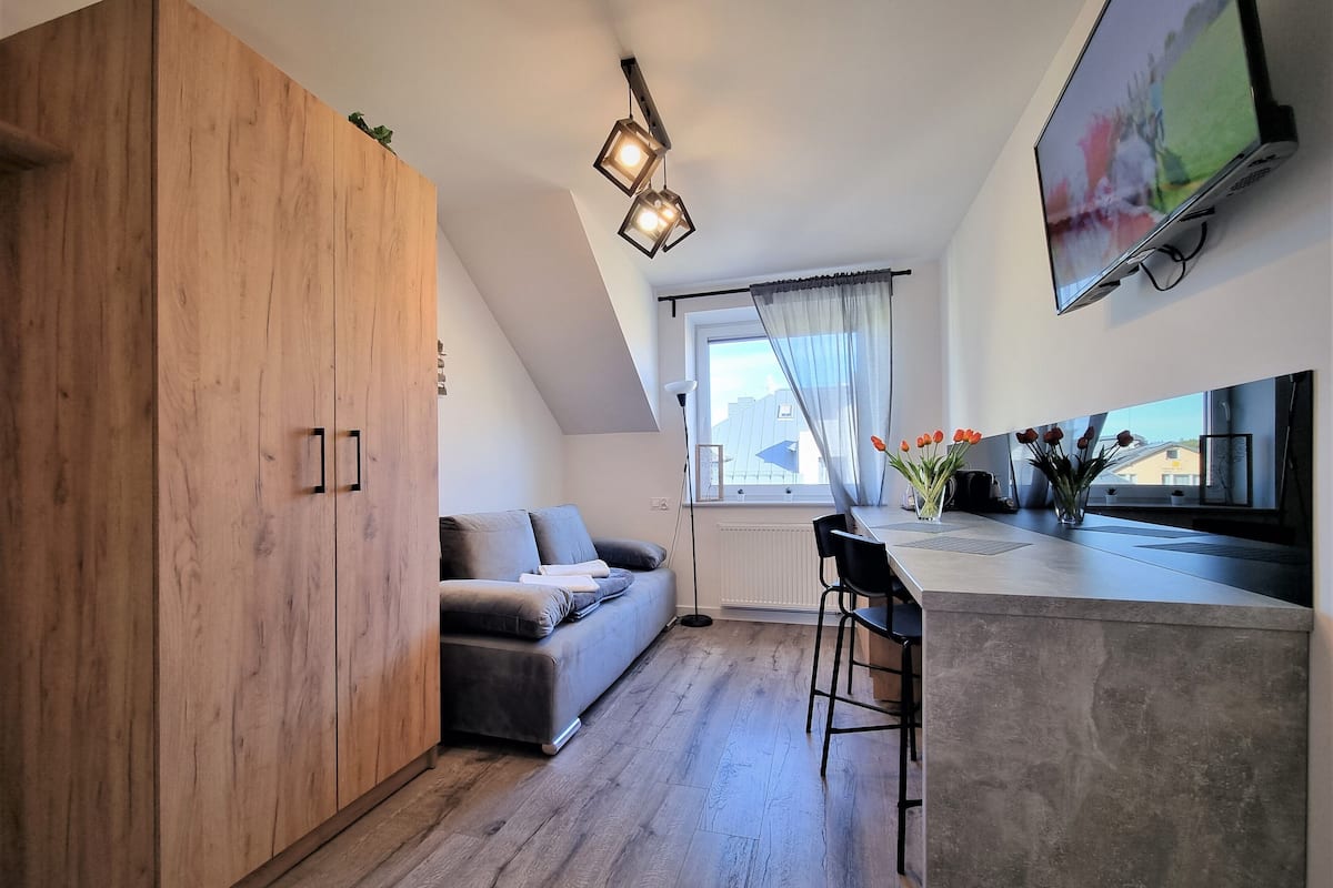 Un espace de vie moderne comprenant un placard en bois, un canapé gris, un coin repas avec un bar et un téléviseur fixé au mur.