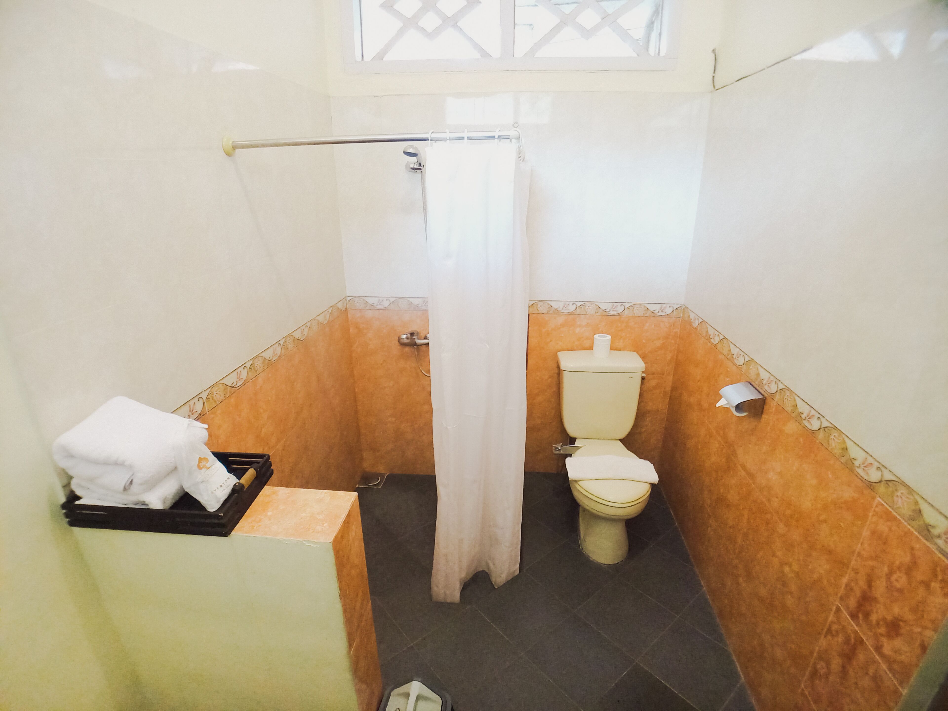 A bathroom with a toilet, a shower curtain, and a towel rack.