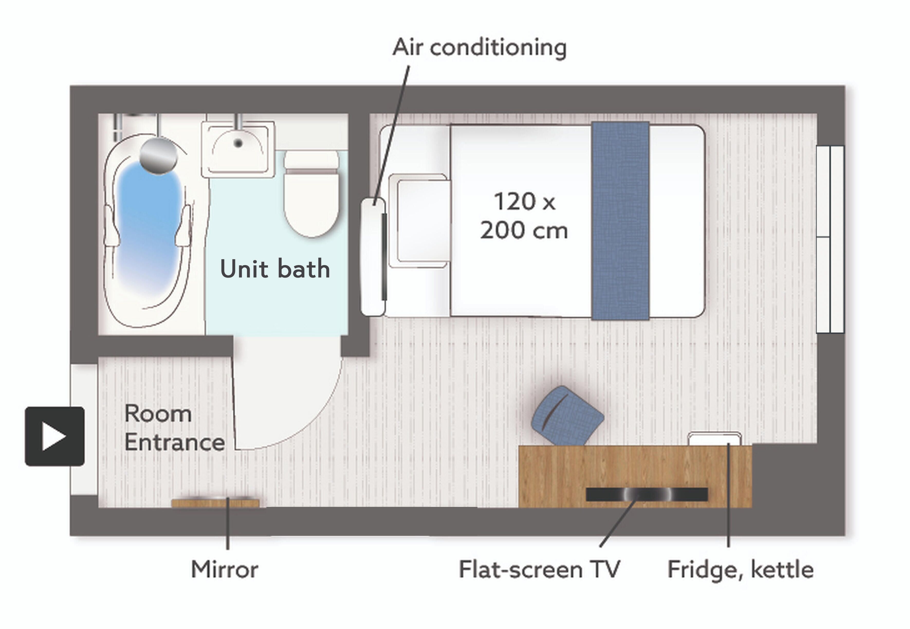 A hotel room layout with a unit bath, air conditioning, a flat-screen TV, a mirror, and a fridge with a kettle.