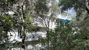 Un edificio de varios pisos con balcones, rodeado de árboles y follaje.