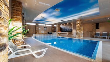 Indoor pool, seasonal outdoor pool, pool umbrellas, sun loungers