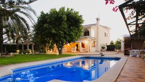 Una piscina con borde de baldosas, rodeada por un césped cuidado y un gran árbol.