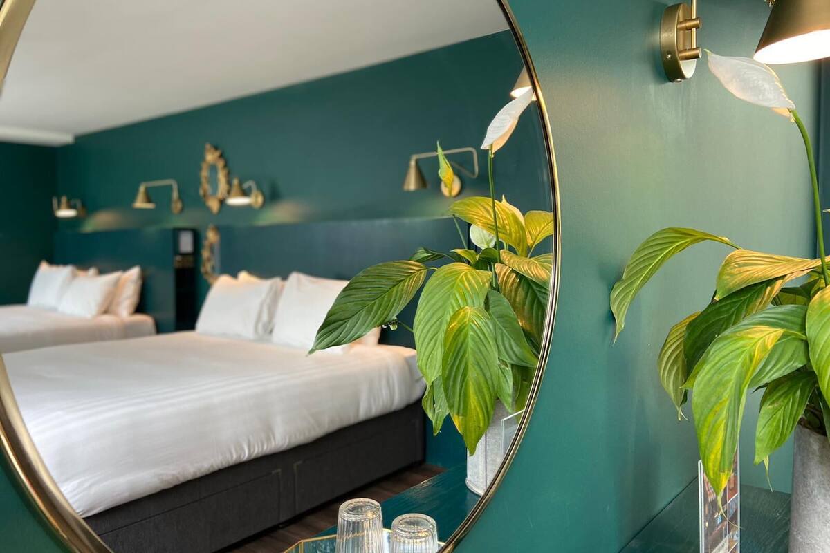 A modern bedroom with a large bed, a mirror, and a potted plant.