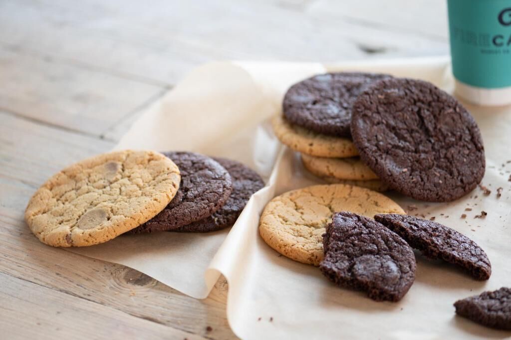 Cookies on a wooden surface.