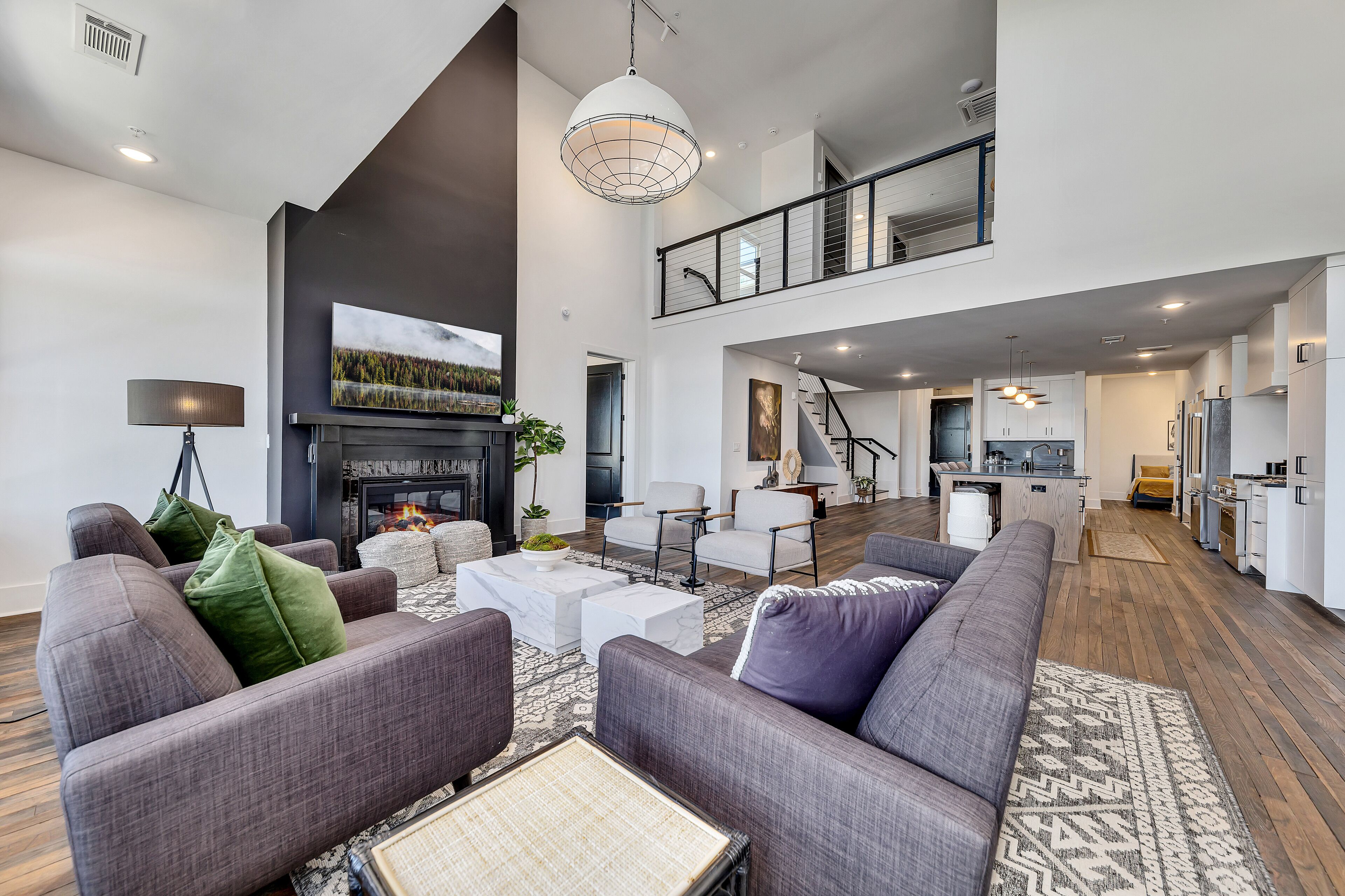 Smart TV, fireplace, offices, printers