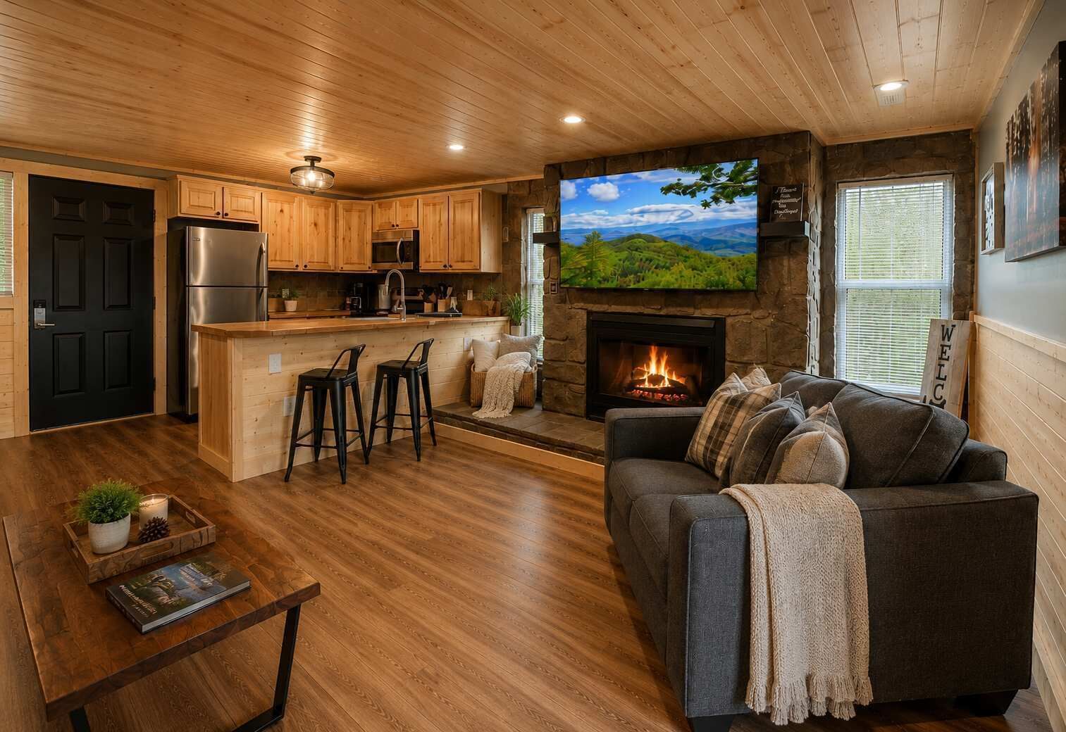 TV, fireplace, offices