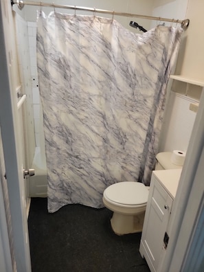A bathroom with a marble shower curtain, a toilet, and a cabinet. - Spencerville Center House (Tallahassee)