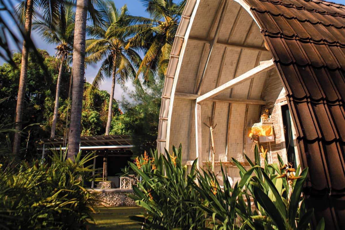 A traditional house with a curved roof, surrounded by palm trees and lush greenery.
