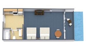 Eine Zwei-Zimmer-Suiten mit Balkon, einer Küchenzeile, einem Badezimmer und einem Sitzbereich mit Meerblick.