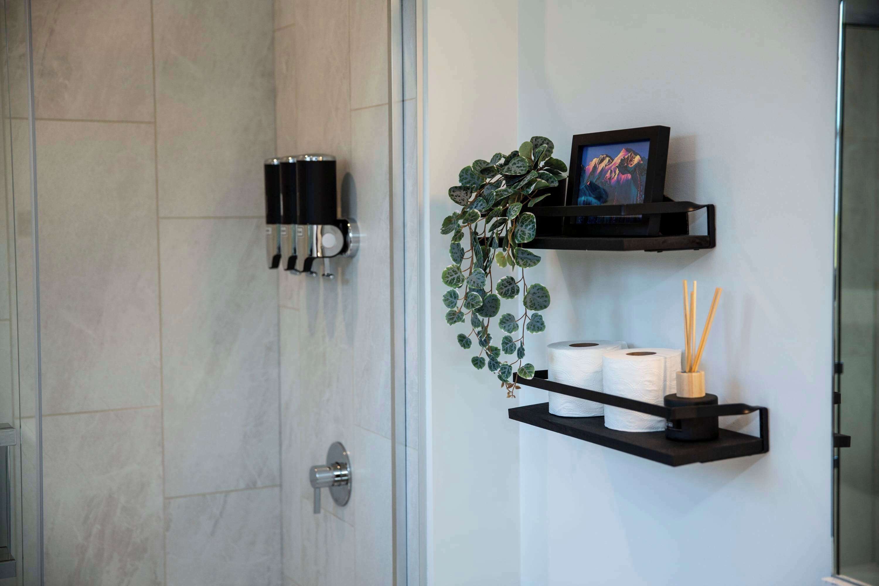 Une salle de bain équipée d’une douche, d’un porte-serviettes, d’un support à papier toilette et d’une plante.