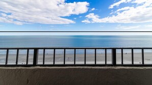 A beach view with a railing in the foreground. - Oceanfront with Stunning Views from the 8th Floor (Myrtle Beach)