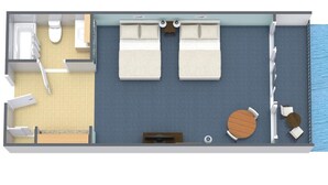 A room with two beds, a small table, a chair, a toilet, and a sink. - Soothing Waves Oceanfront Room 12th Floor (Myrtle Beach)