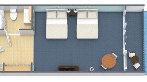 A room with a bed, a small table, a chair, a sofa, a window, and a view of the sea. - Unforgettable Moments 7th Floor Two Queen Room (Myrtle Beach)