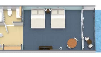 A 2-bedroom suite with a balcony, a bathroom, and a small dining area.