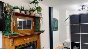Een kamer met een houten open haard, een zwarte plankkast en een grijze dierenmand.