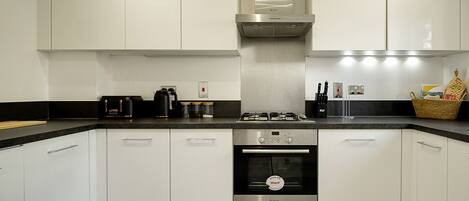 Fridge, microwave, oven, dishwasher