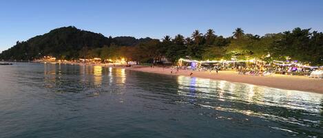A beach with a calm sea, palm trees, and a hill in the background.