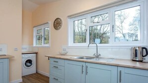 A compact kitchen with a washing machine, a sink, and a kettle. - Kilninver Chalet on Reelig Estate (Inverness)