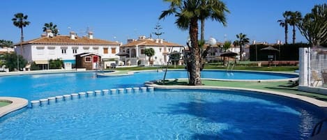 A swimming pool with a palm tree in the center, surrounded by buildings with red-tiled roofs.