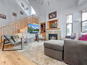 Smart TV, fireplace, books