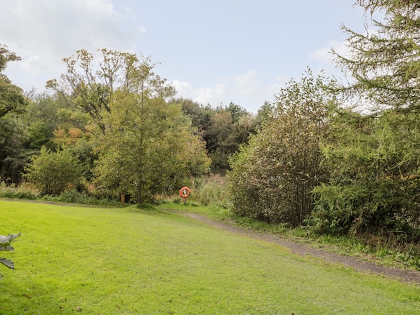 A grassy area with a path leading through a wooded area.