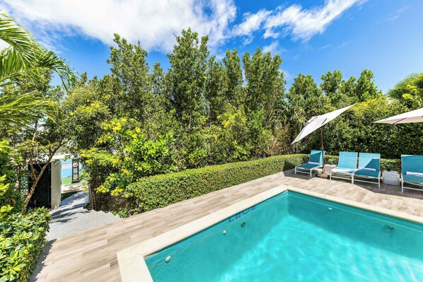 A swimming pool with lounge chairs and umbrellas, surrounded by greenery and a clear sky.