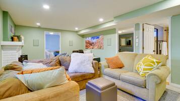 TV, fireplace, books