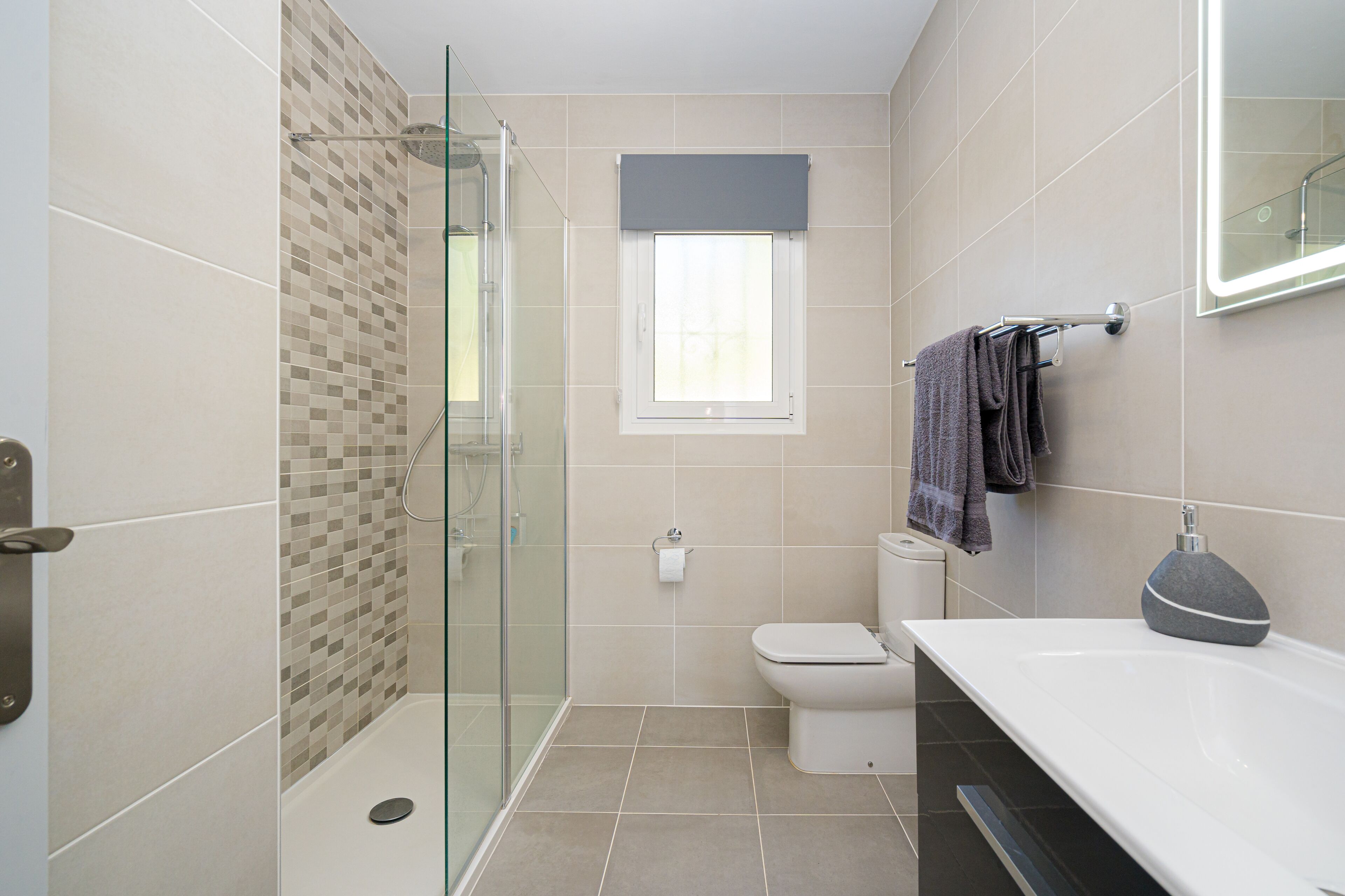 A modern bathroom with a glass shower enclosure, a toilet, and a sink with a mirror.