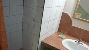 A bathroom with a shower, a sink, and a mirror. - HOSTAL HANSI BOCAS TOWN (Bocas del Toro)