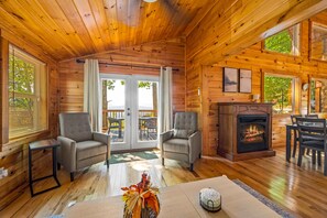 Smart TV, fireplace, books