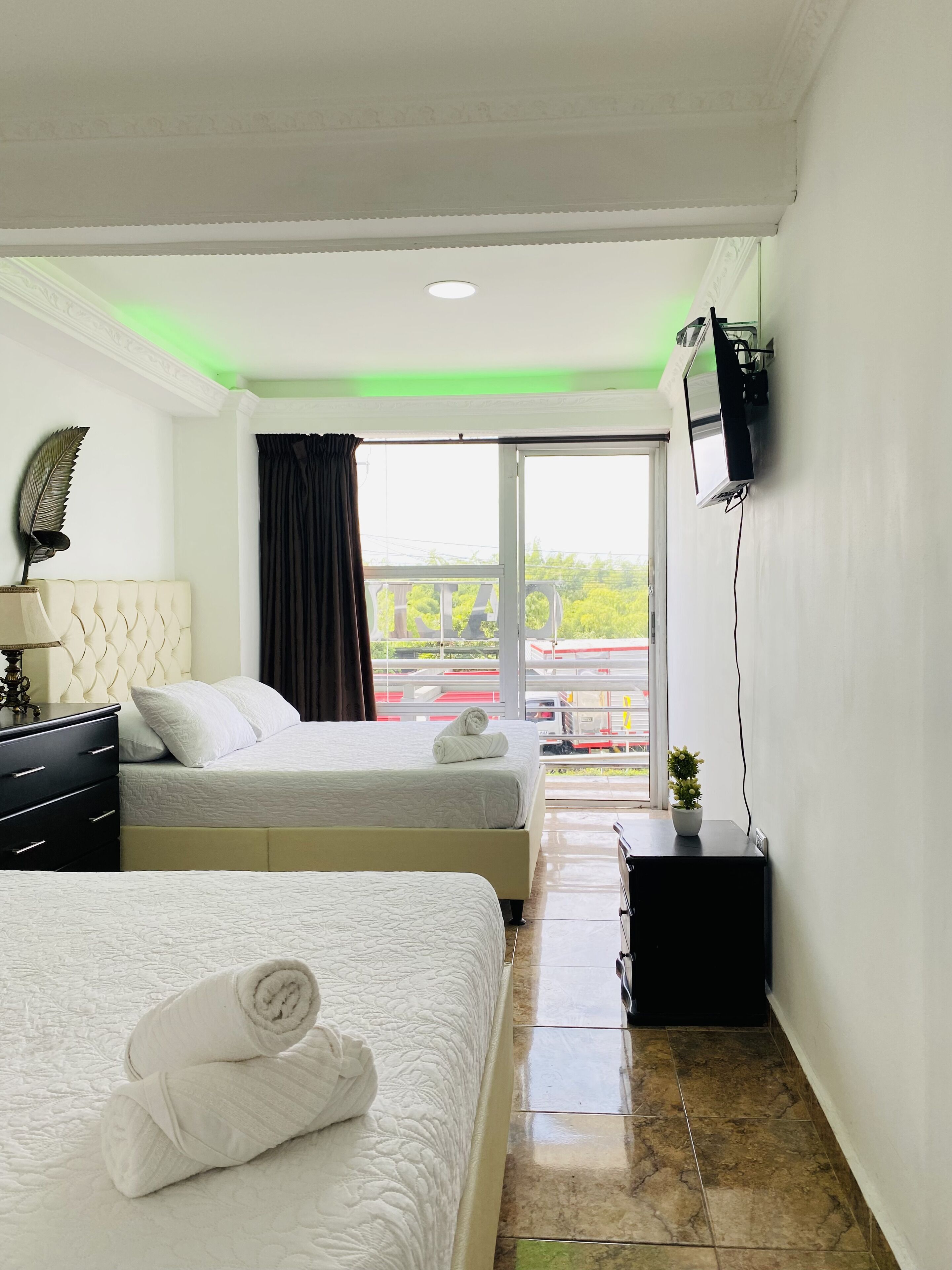 Quarto de hotel com duas camas, uma televisão fixada na parede, uma mesinha com uma planta e vista para um estacionamento pela janela.