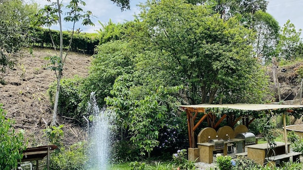 Une piscine circulaire avec une fontaine, entourée d’une végétation luxuriante et agrémentée d’un espace barbecue.