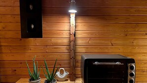 Interior de madera con un horno tostador TRISTAR sobre una mesa de madera, rodeado de plantas en macetas y una tetera de cerámica.