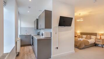 A compact apartment with a kitchenette, a bed, and a TV mounted on the wall.