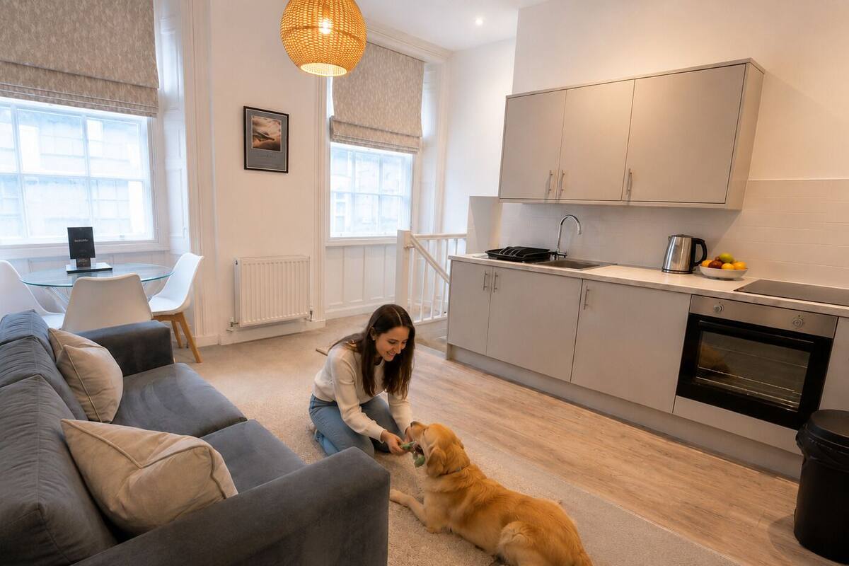 Un salon moderne comprenant un canapé, une table à manger et un coin cuisine avec des placards et une cuisinière.
