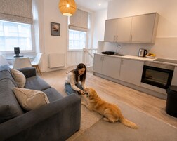 Una sala de estar moderna con un sofá, una mesa de comedor y una zona de cocina con armarios y una estufa.