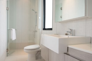 Shower, eco-friendly toiletries, hair dryer, towels