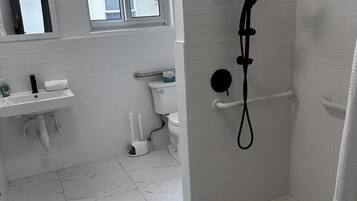 Shower, hair dryer, towels, toilet paper