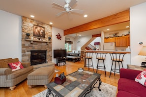 Smart TV, fireplace, DVD player, foosball