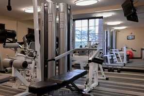 Ein Fitnessstudio mit verschiedenen Trainingsgeräten, einem Spiegel und einem Fenster mit Blick auf schneebedeckte Berge.