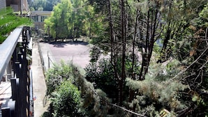A view from a balcony overlooking a parking area surrounded by dense trees and a building with a balcony on the left. - B&B Royal Reggia di Caserta (Casagiove)