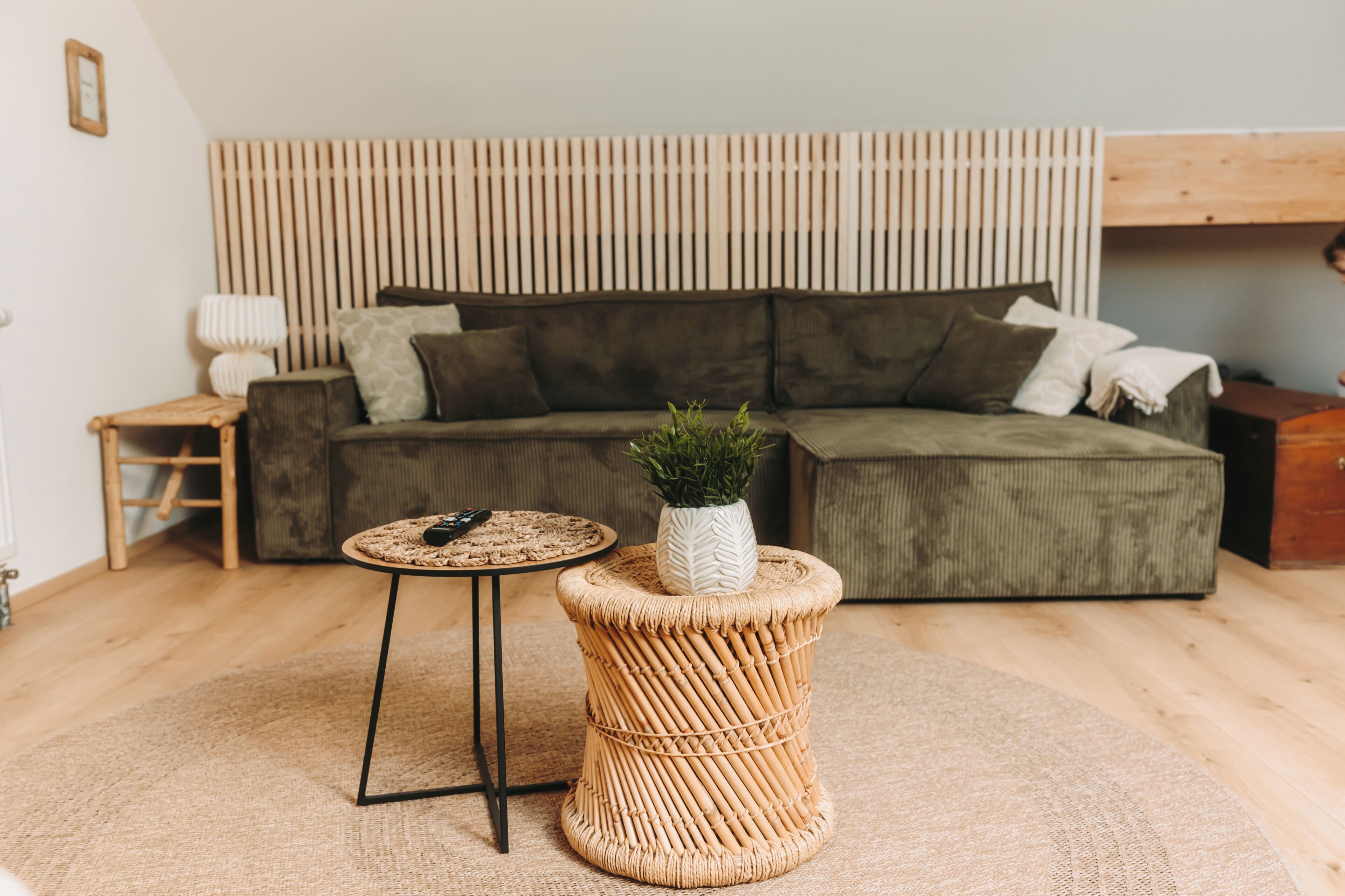 A modern living room with a sofa, a small round table, and a decorative plant.
