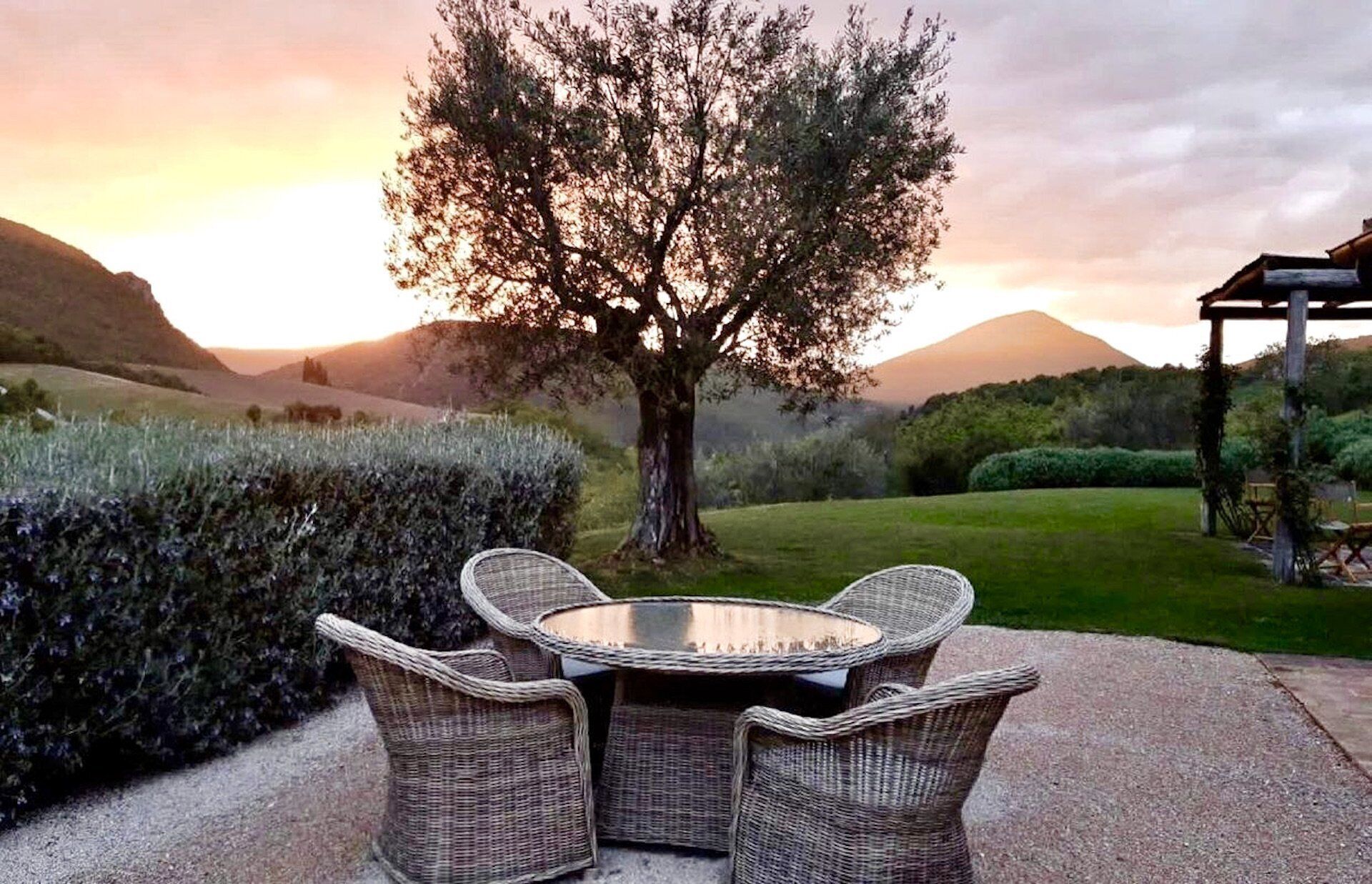 A patio with wicker chairs and a glass table, surrounded by a well-maintained hedge and a large tree, with a mountain in the background.