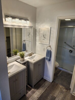 Hair dryer, towels, soap, shampoo